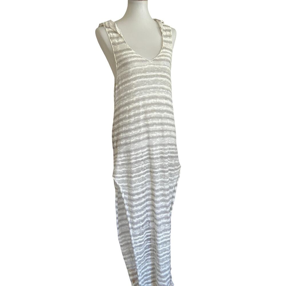 FREE PEOPLE Vintage Open Knit Striped Maxi Hoodie Coverup Dress Grey White S M